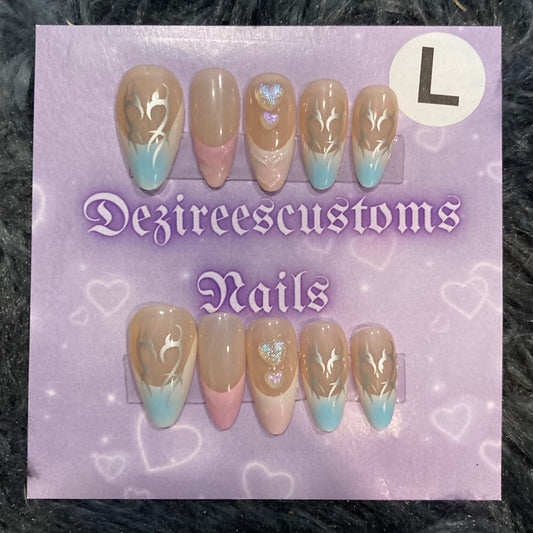 Pink & blue almond press on nails SIZE: LARGE