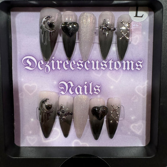 XL black silver press on nails