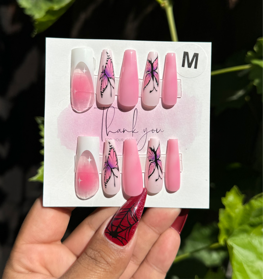 Pink butterfly press on nails SIZE MEDIUM